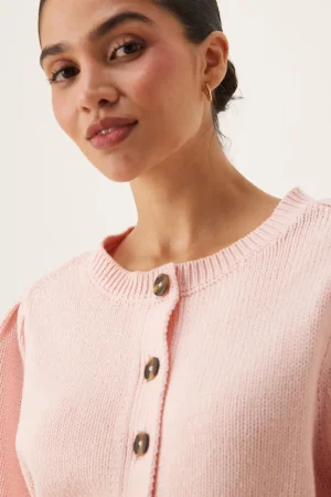 Crew neck cardigan puff sleeve