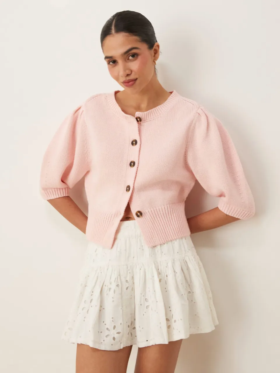 Crew neck cardigan puff sleeve