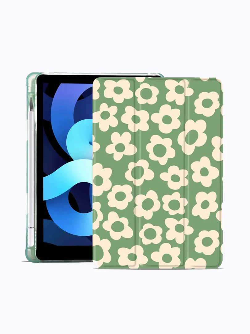 Green Flower Case for iPad Air5/Air4 with Pencil Holder